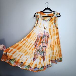 Artsy Boho Tank Sleeveless Dress Free Size Fits Large Orange Colourful Butterfly